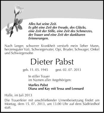 Traueranzeige von Dieter Pabst von Mitteldeutsche Zeitung Halle/Saalkreis