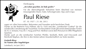 Traueranzeige von Paul Riese von Mitteldeutsche Zeitung Merseburg/Querfurt