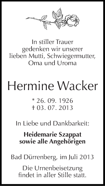Traueranzeige von Hermine Wacker von Mitteldeutsche Zeitung Merseburg/Querfurt