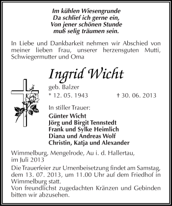 Traueranzeige von Ingrid Wicht von Mitteldeutsche Zeitung Mansfelder Land