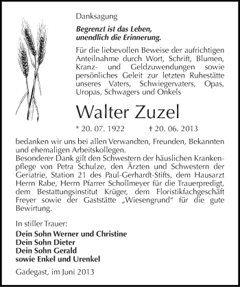 Traueranzeige von Walter Zuzel von Mitteldeutsche Zeitung Wittenberg