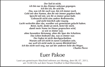 Traueranzeige von Pakoe  von Mitteldeutsche Zeitung Merseburg/Querfurt
