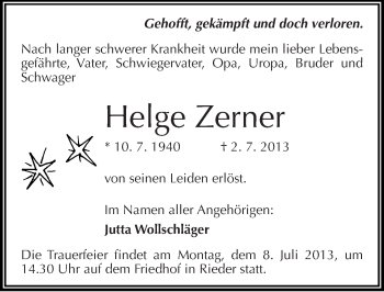 Traueranzeige von Helge Zerner von Mitteldeutsche Zeitung Quedlinburg