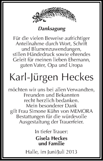 Traueranzeige von Karl-Jürgen Heckes von Mitteldeutsche Zeitung Halle/Saalkreis