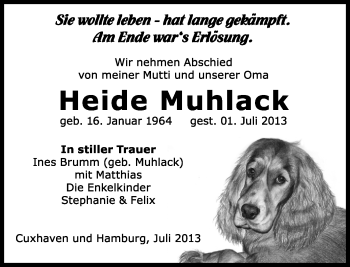 Traueranzeige von Heide Muhlack von Mitteldeutsche Zeitung Bitterfeld