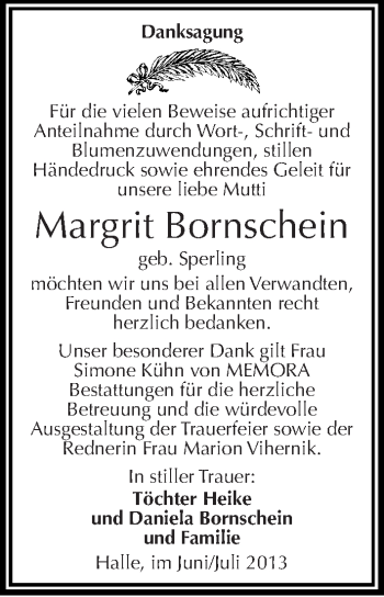 Traueranzeige von Margrit Bornschein von Mitteldeutsche Zeitung Halle/Saalkreis