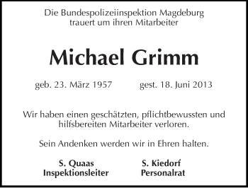 Traueranzeige von Michael Grimm von Mitteldeutsche Zeitung Halle/Saalkreis