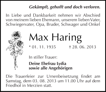 Traueranzeige von Max Haring von Mitteldeutsche Zeitung Köthen