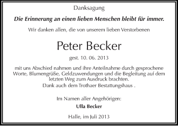 Traueranzeige von Peter Becker von Mitteldeutsche Zeitung Halle/Saalkreis
