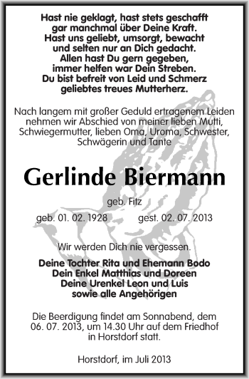 Traueranzeige von Gerlinde Biermann von Mitteldeutsche Zeitung Wittenberg