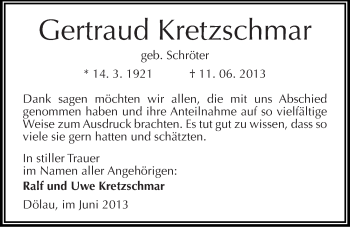 Traueranzeige von Gertraud Kretzschmar von Mitteldeutsche Zeitung Halle/Saalkreis