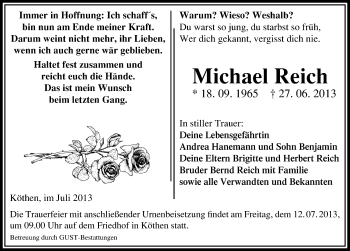 Traueranzeige von Michael Reich von Mitteldeutsche Zeitung Köthen