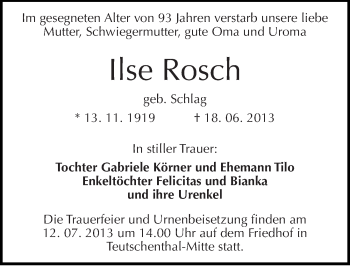 Traueranzeige von Ilse Rosch von Mitteldeutsche Zeitung Halle/Saalkreis