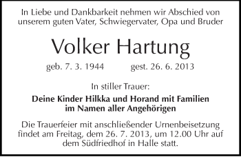 Traueranzeige von Volker Hartung von Mitteldeutsche Zeitung Halle/Saalkreis