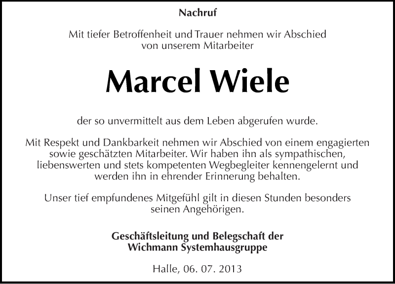  Traueranzeige für Marcel Wiele vom 06.07.2013 aus Mitteldeutsche Zeitung Aschersleben