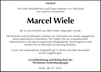 Traueranzeige von Marcel Wiele von Mitteldeutsche Zeitung Aschersleben