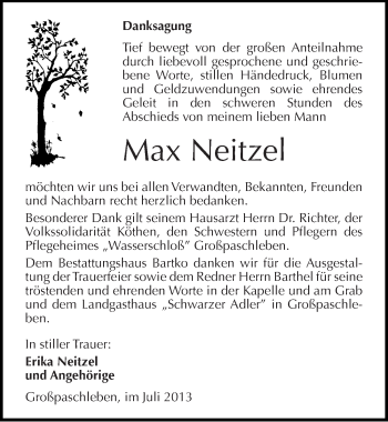 Traueranzeige von Max Neitzel von Mitteldeutsche Zeitung Köthen