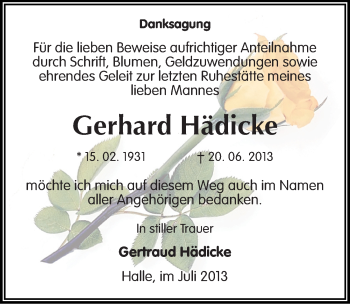 Traueranzeige von Gerhard Hädicke von Mitteldeutsche Zeitung Halle/Saalkreis