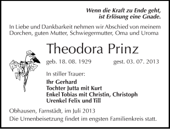 Traueranzeige von Theodora Prinz von Mitteldeutsche Zeitung Merseburg/Querfurt