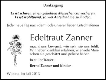 Traueranzeige von Edeltraut Zanner von Mitteldeutsche Zeitung Mansfelder Land