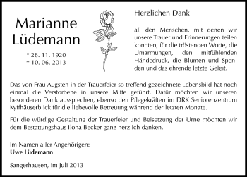 Traueranzeige von Marianne Lüdemann von Mitteldeutsche Zeitung Sangerhausen