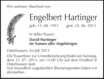 Traueranzeige von Engelbert Hartinger von Mitteldeutsche Zeitung Aschersleben
