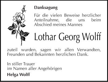 Traueranzeige von Lothar Georg Wolff von Mitteldeutsche Zeitung Merseburg/Querfurt