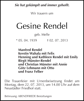 Traueranzeige von Gesine Rendel von Mitteldeutsche Zeitung Aschersleben