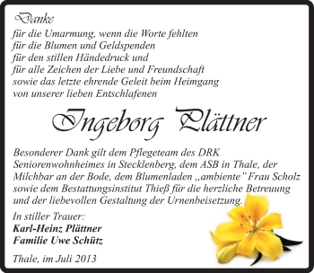 Traueranzeige von Ingeborg Plättner von Mitteldeutsche Zeitung Quedlinburg