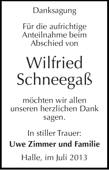 Traueranzeige von Wilfried Schneegaß von Mitteldeutsche Zeitung Halle/Saalkreis