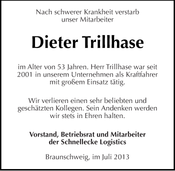 Traueranzeige von Dieter Trillhase von Mitteldeutsche Zeitung Sangerhausen