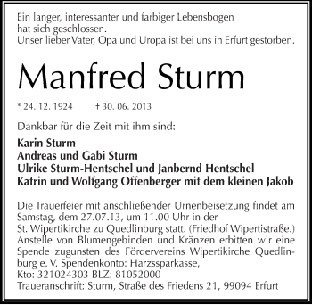 Traueranzeige von Manfred Sturm von Mitteldeutsche Zeitung Quedlinburg