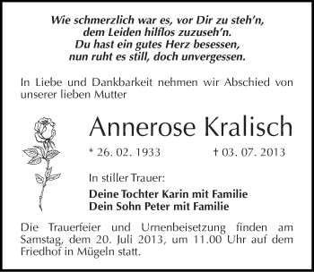 Traueranzeige von Annerose Kralisch von Mitteldeutsche Zeitung Wittenberg