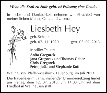 Traueranzeige von Liesbeth Hey von Mitteldeutsche Zeitung Sangerhausen