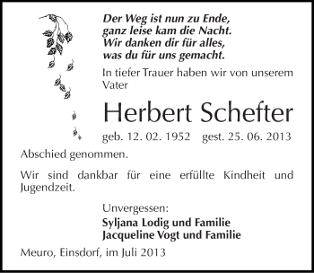 Traueranzeige von Herbert Schefter von Mitteldeutsche Zeitung Sangerhausen