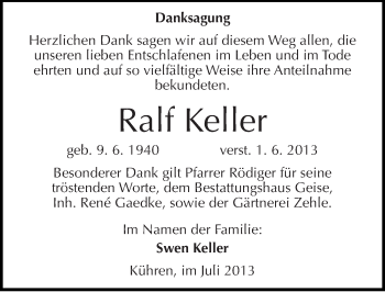 Traueranzeige von Ralf Keller von Mitteldeutsche Zeitung Köthen