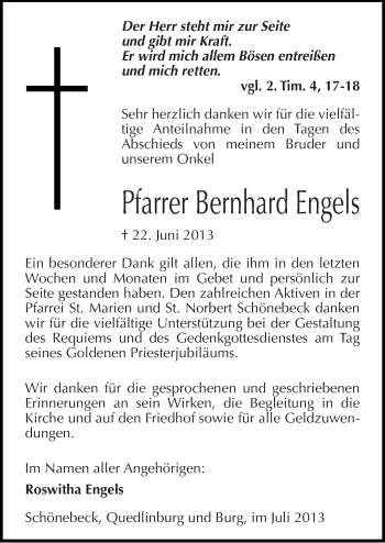 Traueranzeige von Bernhard Engels von Mitteldeutsche Zeitung Quedlinburg