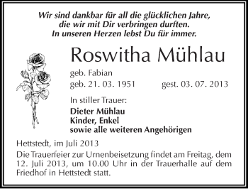 Traueranzeige von Roswitha Mühlau von Mitteldeutsche Zeitung Mansfelder Land