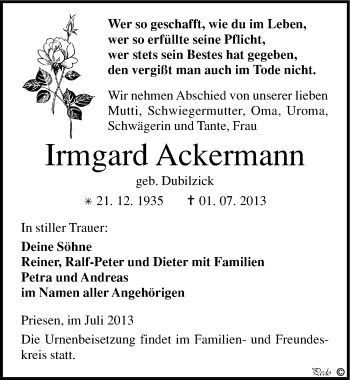 Traueranzeige von Irmgard Ackermann von Mitteldeutsche Zeitung