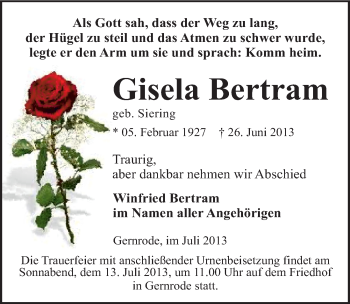 Traueranzeige von Gisela Bertram von Mitteldeutsche Zeitung Quedlinburg
