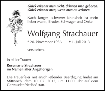 Traueranzeige von Wolfgang Strachauer von Mitteldeutsche Zeitung Halle/Saalkreis
