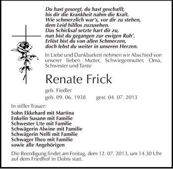 Traueranzeige von Renate Frick von Mitteldeutsche Zeitung Halle/Saalkreis