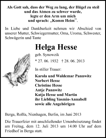 Traueranzeige von Helga Hesse von Mitteldeutsche Zeitung Sangerhausen