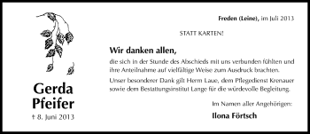 Traueranzeige von Gerda Pfeifer von Mitteldeutsche Zeitung Merseburg/Querfurt