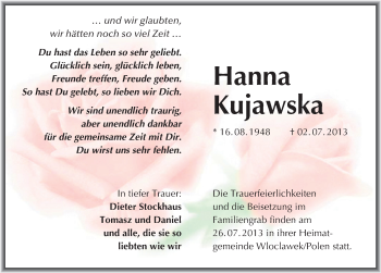 Traueranzeige von Hanna Kujawska von Mitteldeutsche Zeitung Halle/Saalkreis