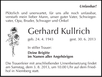 Traueranzeige von Gerhard Kullrich von Mitteldeutsche Zeitung Halle/Saalkreis