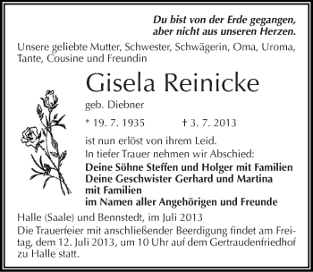 Traueranzeige von Gisela Reinicke von Mitteldeutsche Zeitung Halle/Saalkreis