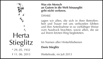 Traueranzeige von Herta Stieglitz von Mitteldeutsche Zeitung Sangerhausen