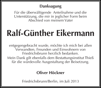 Traueranzeige von Ralf-Günther Eikermann von Mitteldeutsche Zeitung Quedlinburg