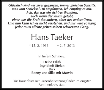 Traueranzeige von Hans Taeker von Mitteldeutsche Zeitung Halle/Saalkreis
